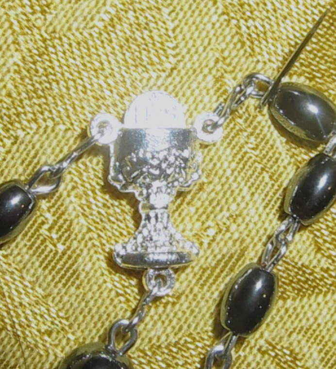 First Communion Hematite Rosary Center Detail