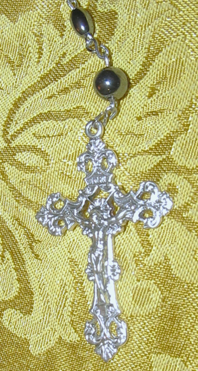 First Communion Hematite Rosary crucifix detail