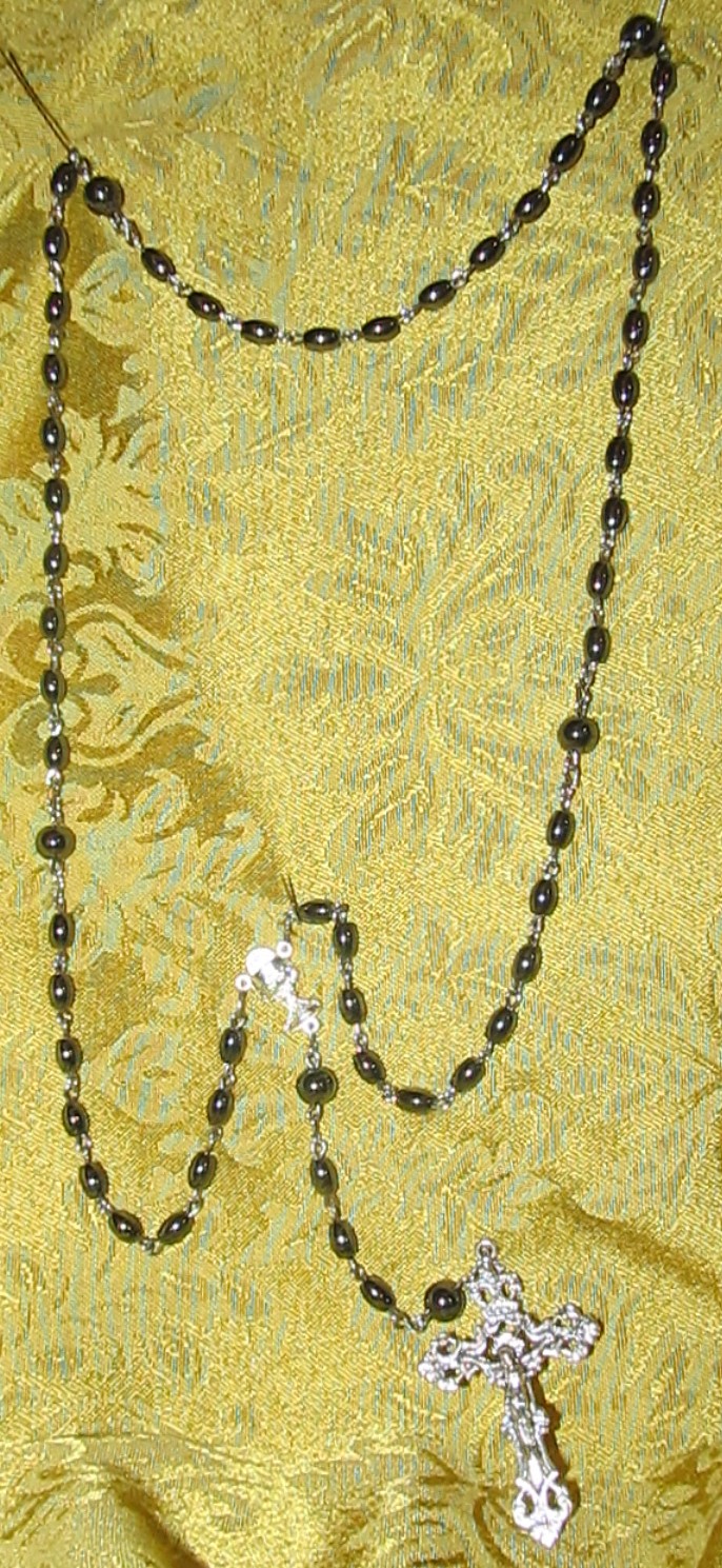 First Communion Hematite Rosary Displayed