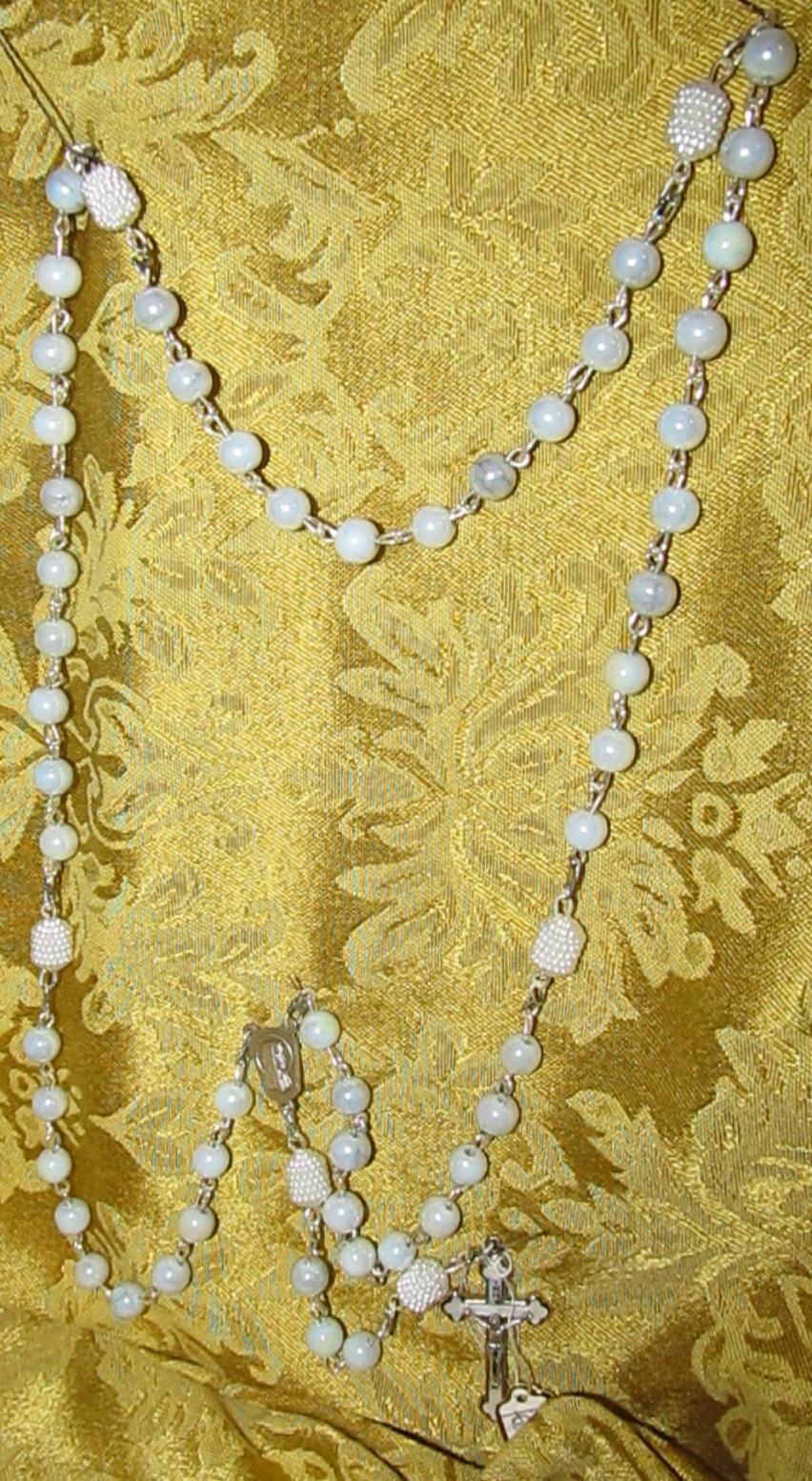 Something Blue Bridal Rosary displayed