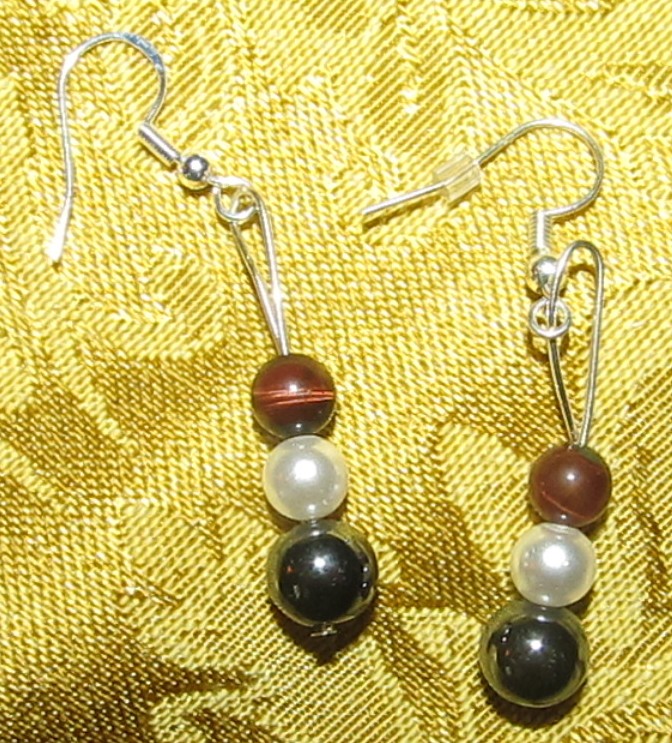 Tiger Eye, Pearl, and Hematite Sterling Silver Earrings